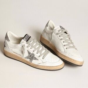 Golden Goose White Leather Sneakers with Silver Glitter Star